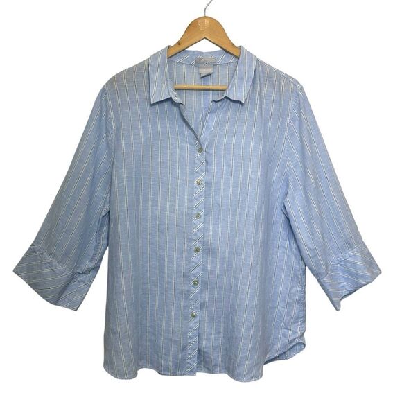Chico's No Iron Linen Light Blue Striped Button Down Shirt, 3/16 - Picture 1 of 10